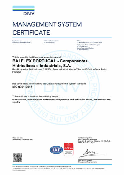 BALFLEX PORTUGAL Componentes Hidráulicos e Industriales, S.A. ISO-9001.2015 (vigente del 2022 al 2025)